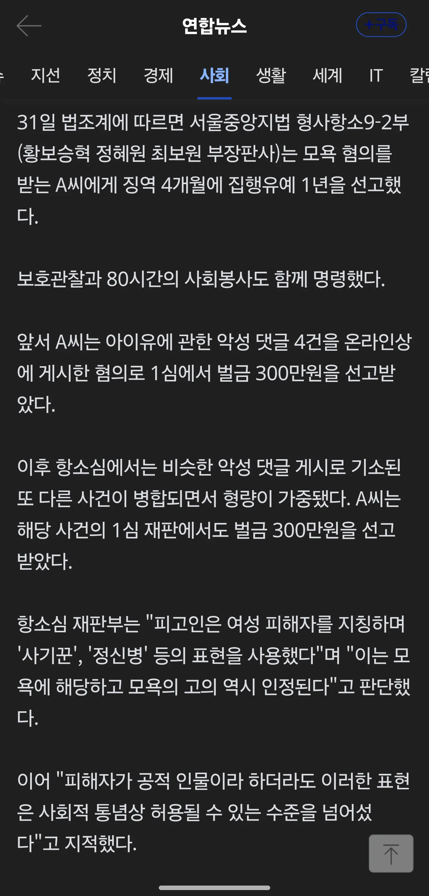 아이유 악성 댓글 작성으로 징역 4개월 집행유예 1년 선고 판결문
