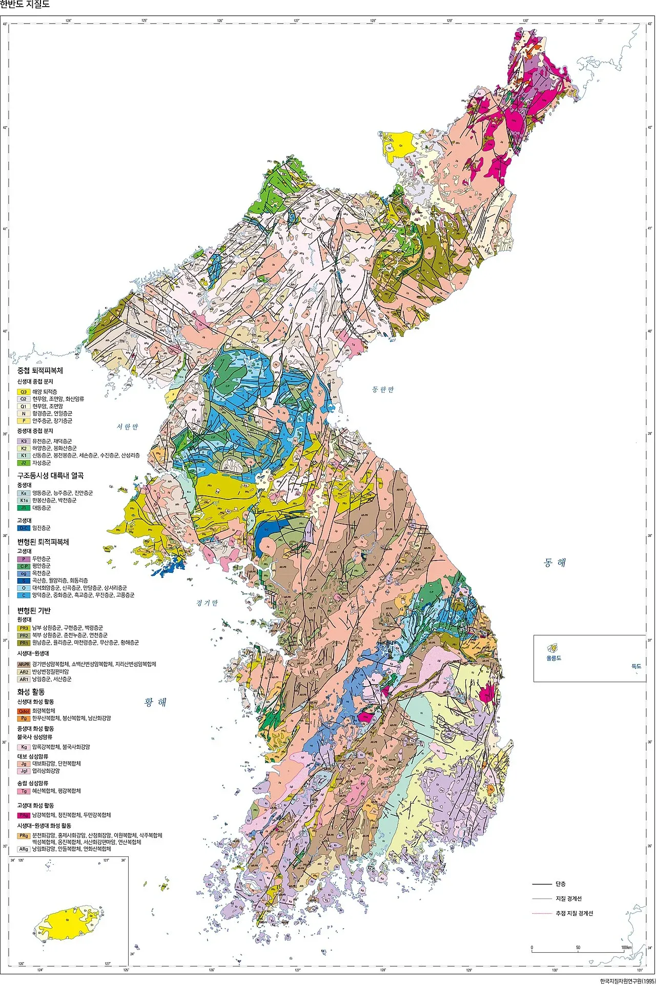 한국과 일본의 지질 지도, 화성암·퇴적암·변성암 분포 및 범례 표시