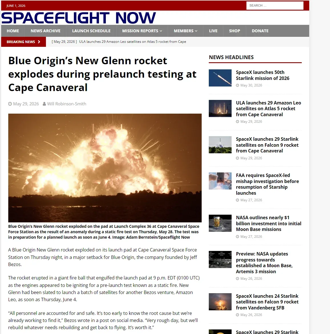 우주 뉴스 사이트 헤드라인, SpaceX Starlink 위성 발사 소식