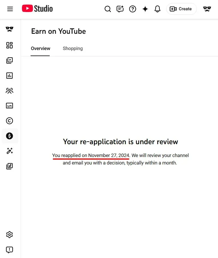 YouTube 수익화 재신청 검토 중 안내 페이지