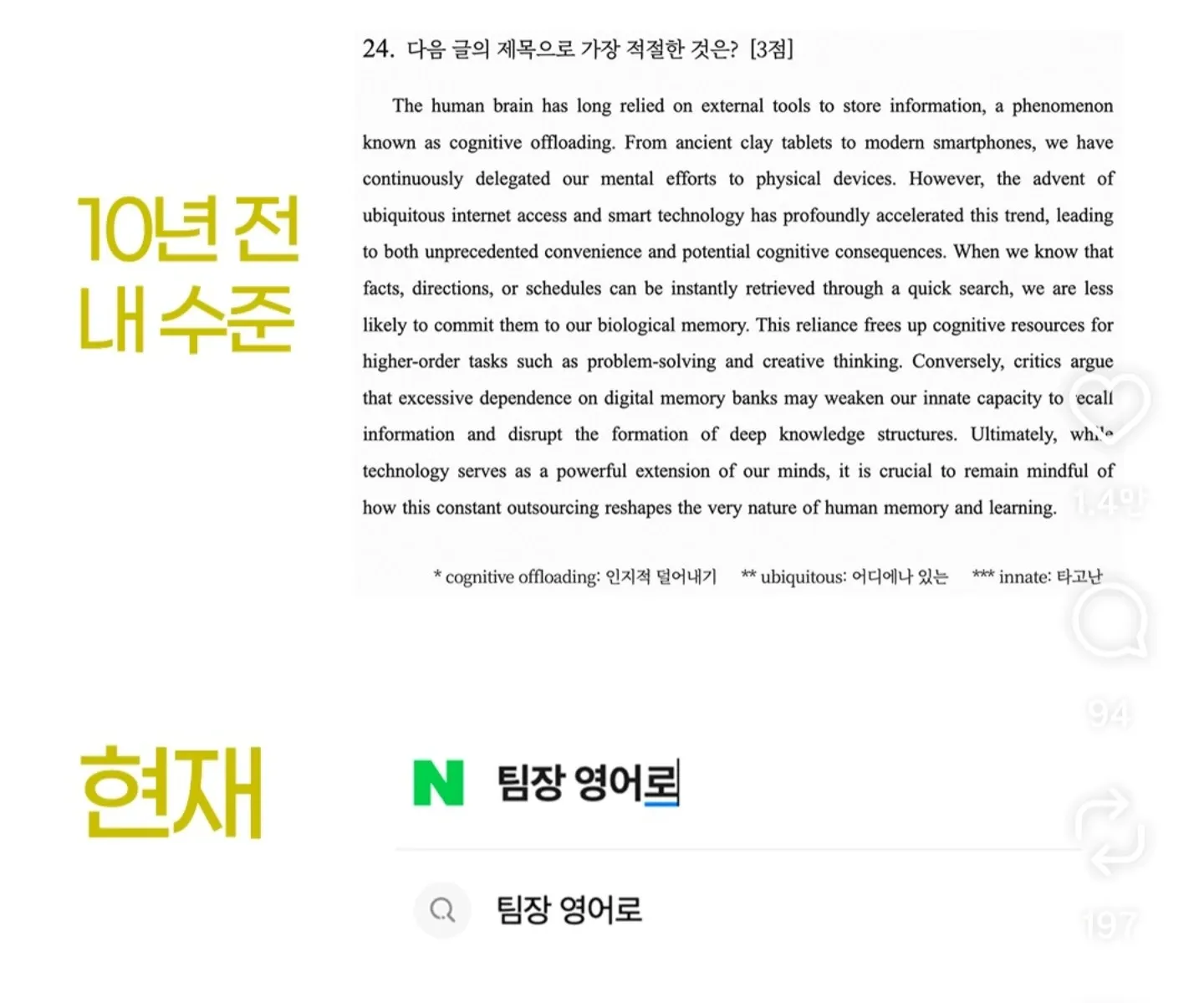 24번 영어 독해 문제: 인지오프로딩 현상에 대한 글의 제목 선택 문제