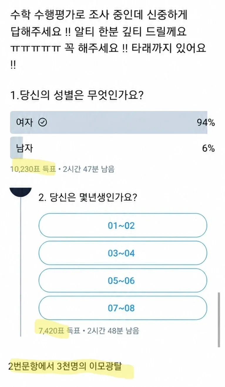 수학 수행평가 성별·연도 설문조사 스크린샷