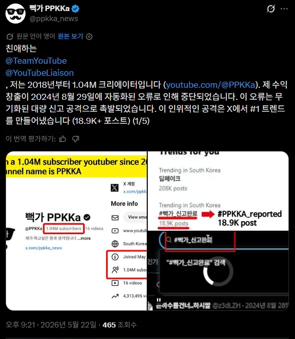 PPKKa 유튜버 수익화 중단, 대량신고 공격으로 인한 채널 오류 사건