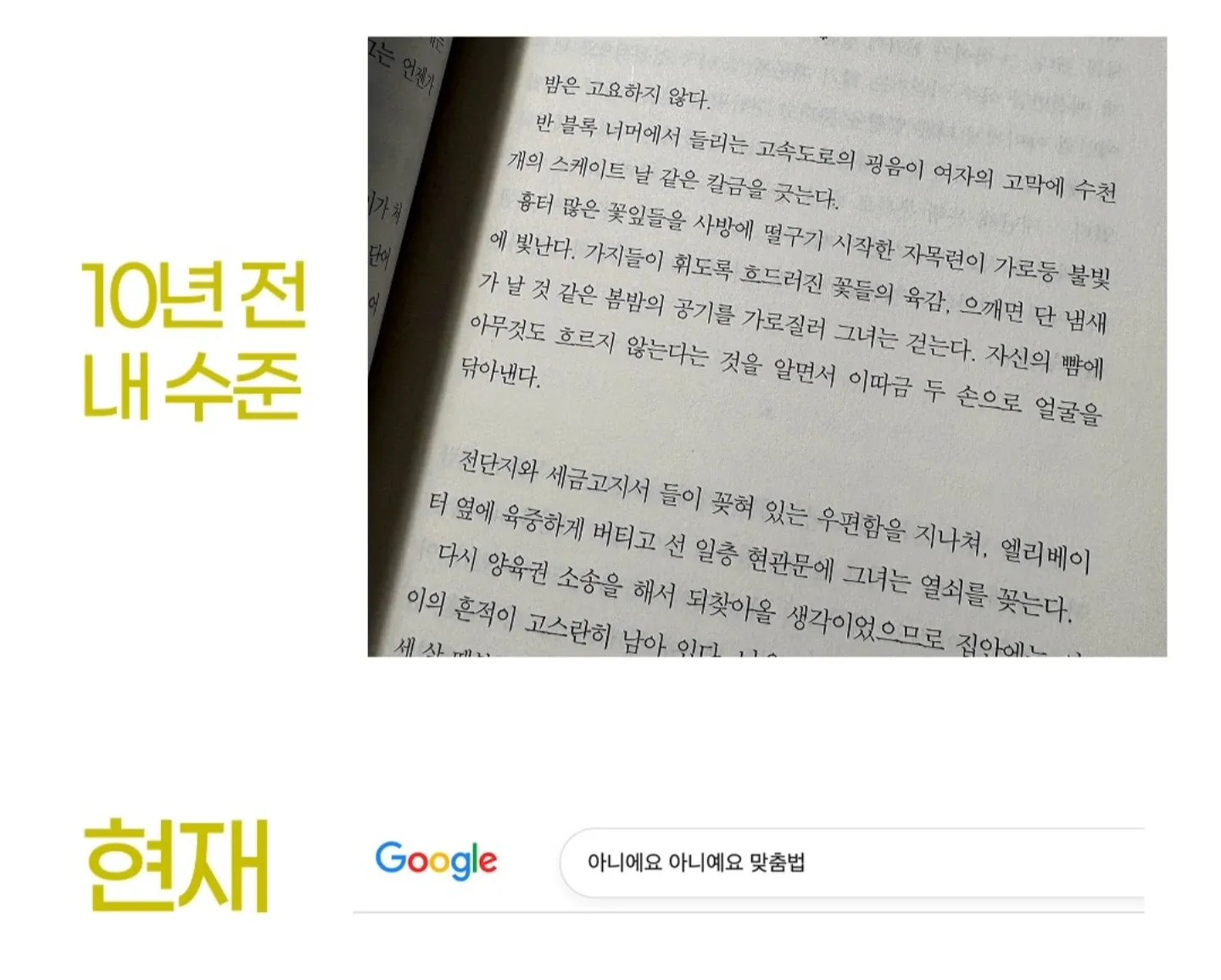 ```
10년 전 문학적이고 복잡한 글쓰기에서 현재 간결한 스타일로의 변화를 보여주는 비교 이미지
```