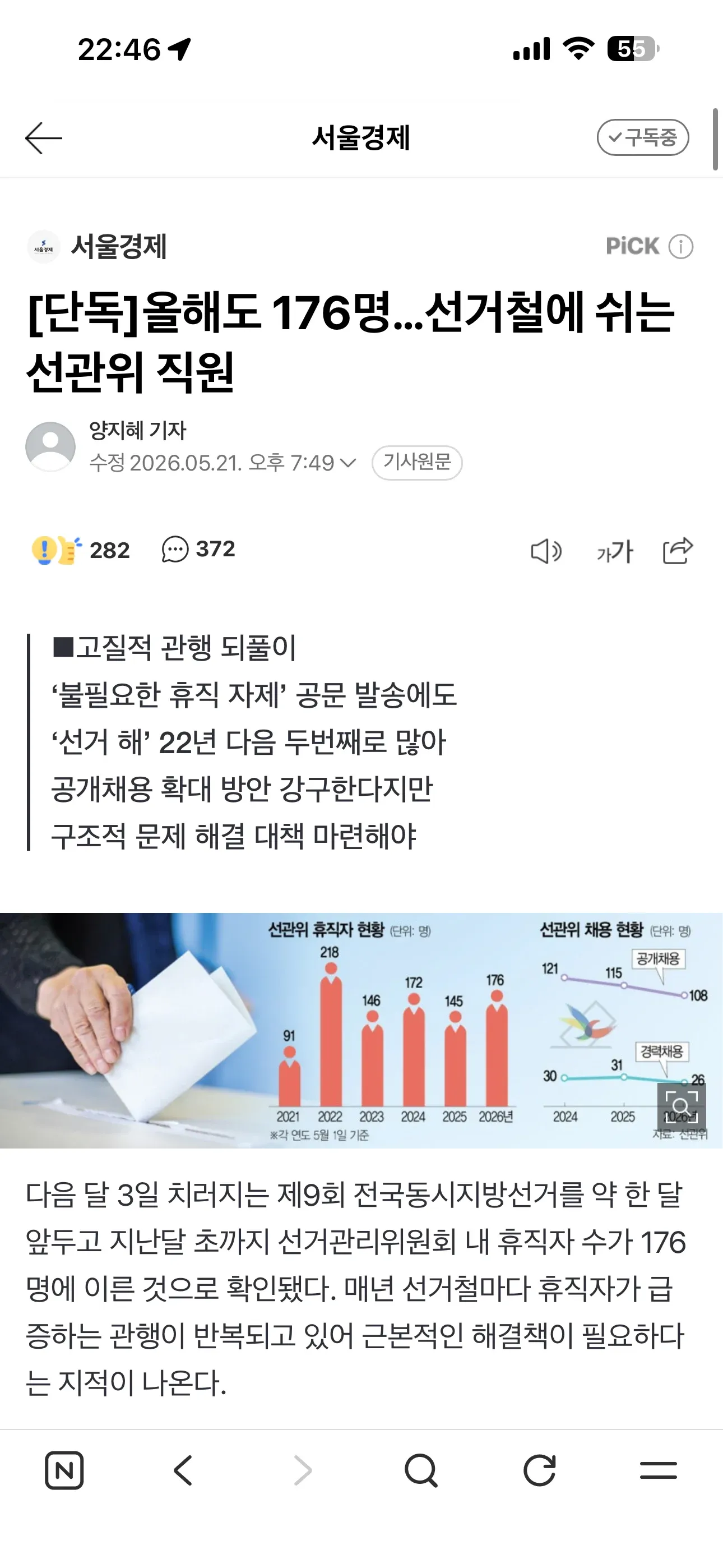 지방선거 앞두고 선관위 휴직자 급증 현황 및 채용 차트