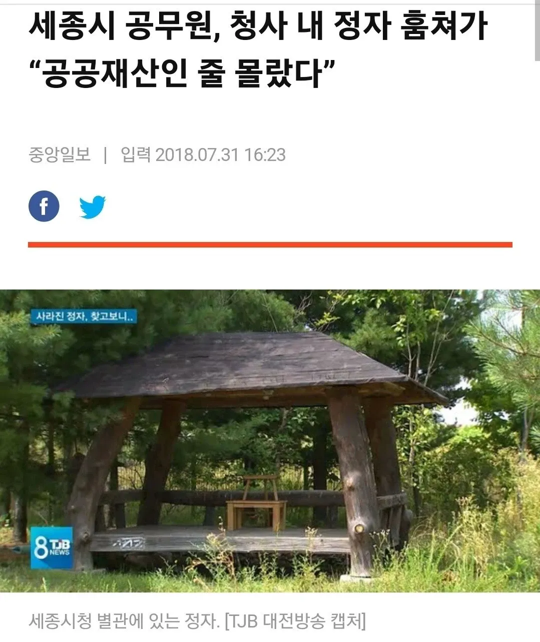 세종시청 사라진 정자 관련 뉴스 화면