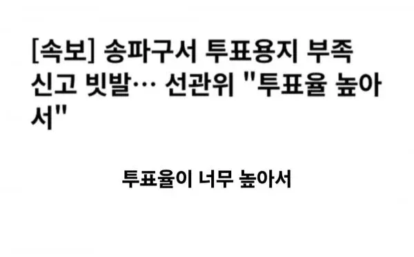 송파구 투표용지 부족 신고 기사, 높은 투표율이 원인으로 설명