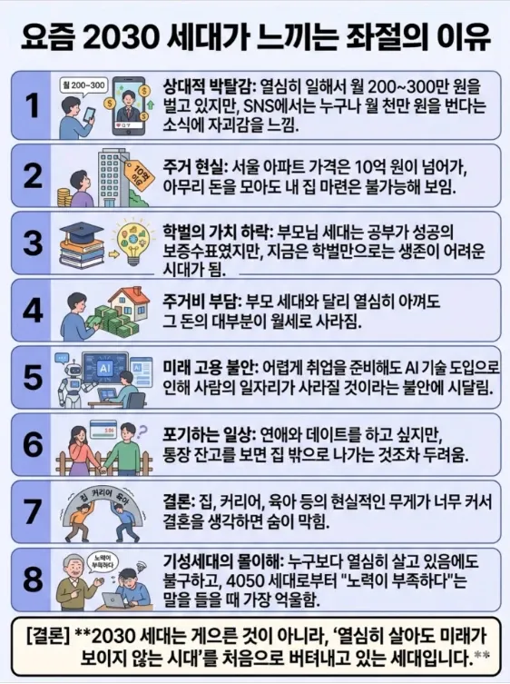 2030 세대가 느끼는 좌절의 이유: 박탈감, 주거난, 학벌 약화, 금융 불안