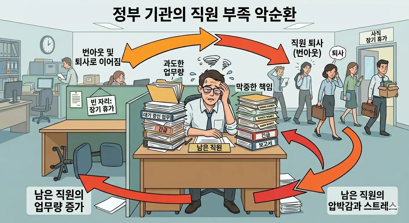 직원 부족으로 인한 악순환: 과중 업무 → 번아웃 → 퇴사 → 업무 부담 악화