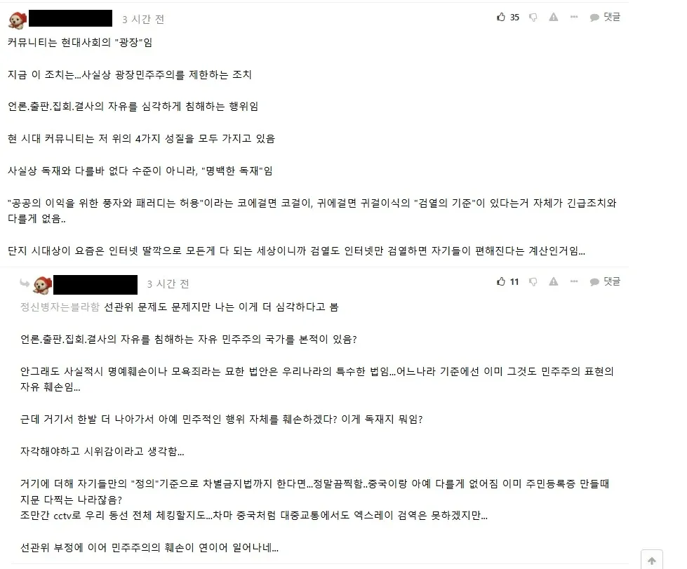 검열법 확대개정 비판 댓글 - 언론·표현의 자유 침해 우려