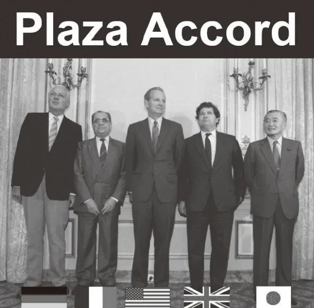 Plaza Accord 시대의 환율 급락 현황과 관련 의문점을 나타내는 차트