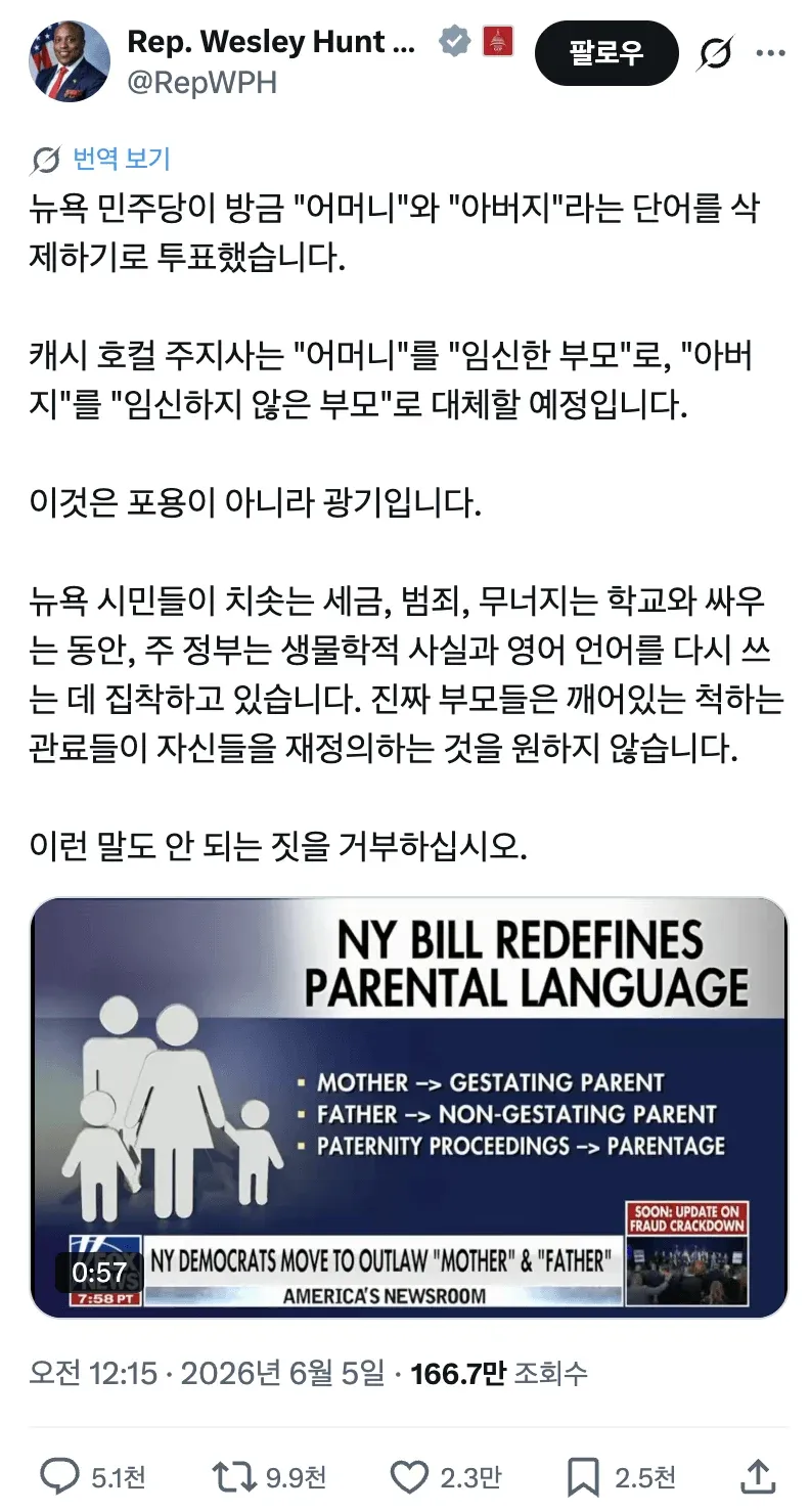 뉴욕 부모 용어 변경 정책 관련 주장 이미지