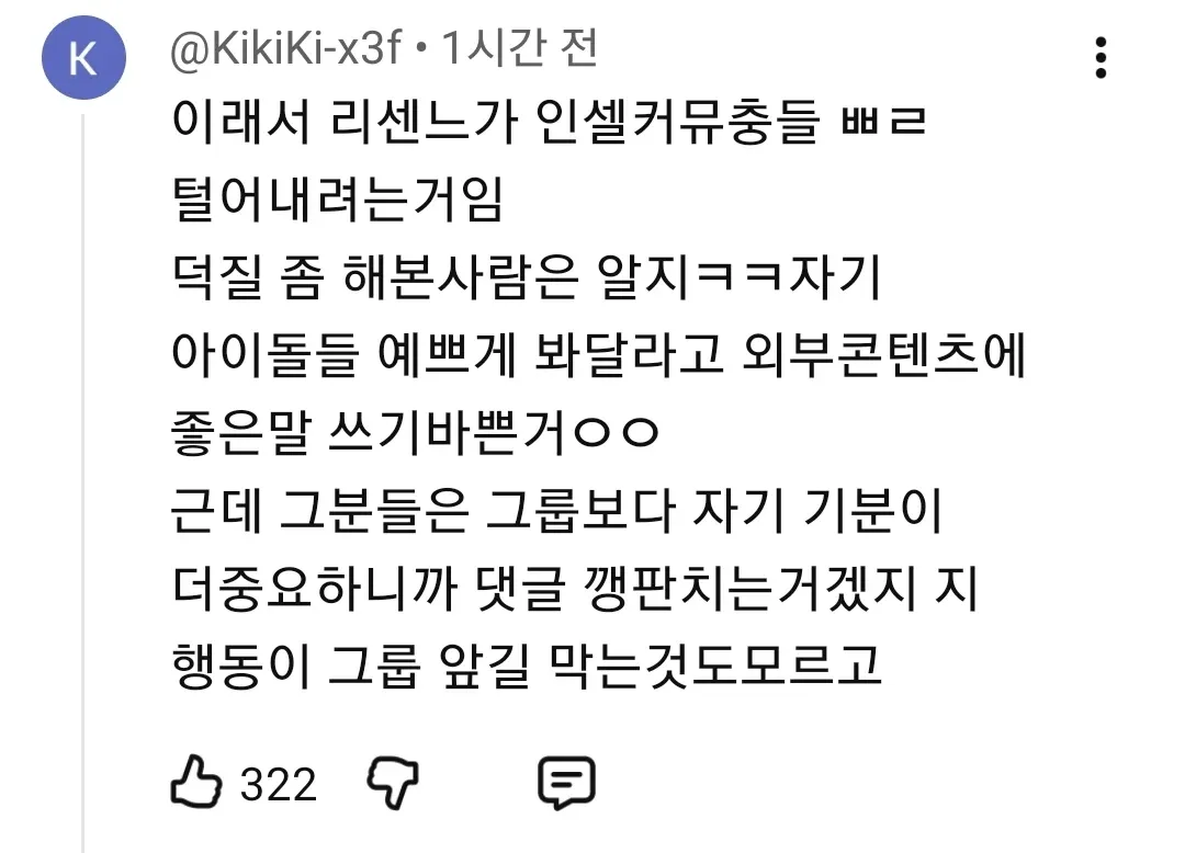 리센느 멤버 개인 활동 우선이 그룹에 미치는 영향을 비판하는 댓글