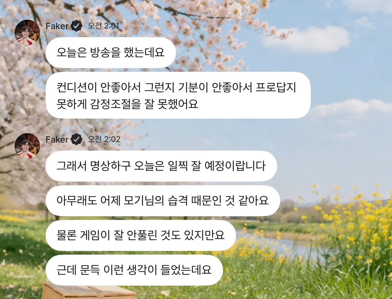 Faker 방송 후 감정조절 실패와 게임 부진을 설명하는 카카오톡 메시지