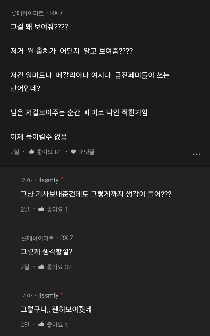Blind 커뮤니티 댓글 - 여성혐오 용어 사용에 대한 의견 충돌