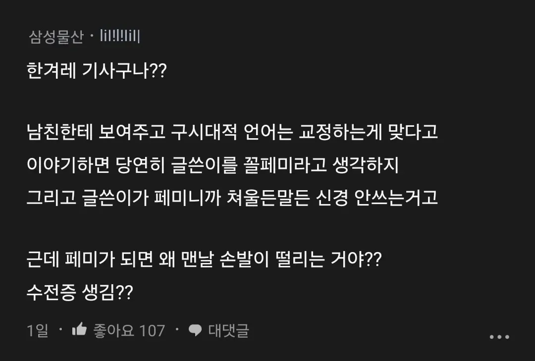 "페미니즘과 관계 갈등에 대한 온라인 커뮤니티 댓글"