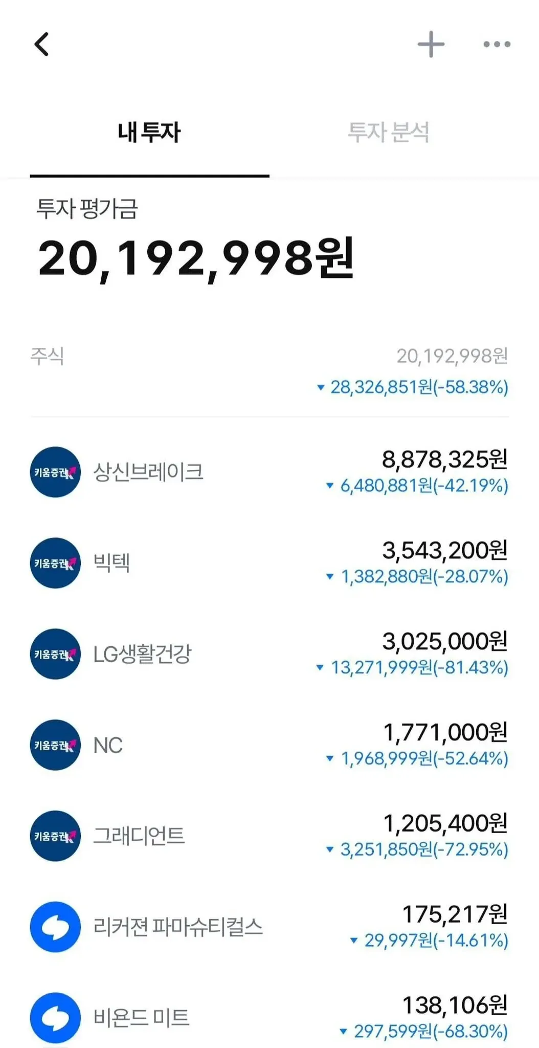 주식 투자 포트폴리오 현황, 여러 종목의 손실률 표시