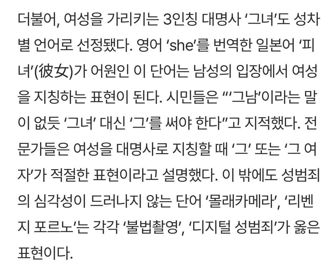 '그녀'의 성차별성 지적과 '그'로 대체 권장하는 내용