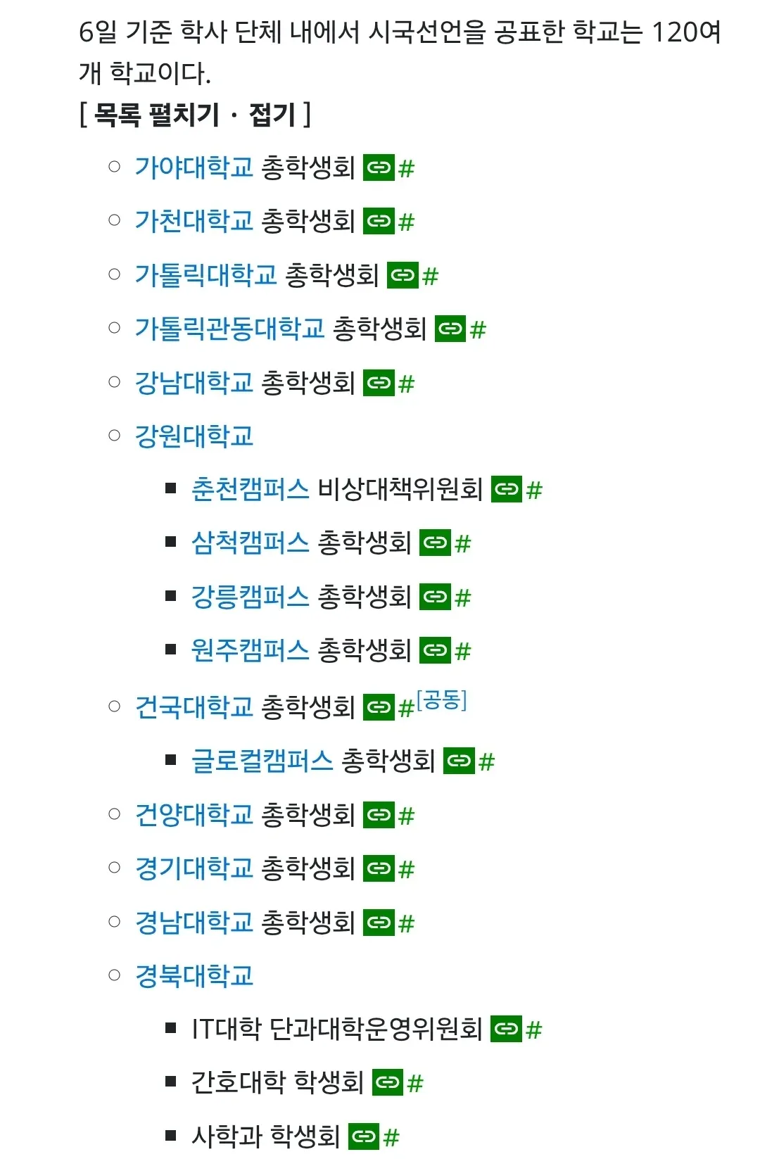 6일 기준 시국선언 공표한 120여 개 대학 학사 단체 목록