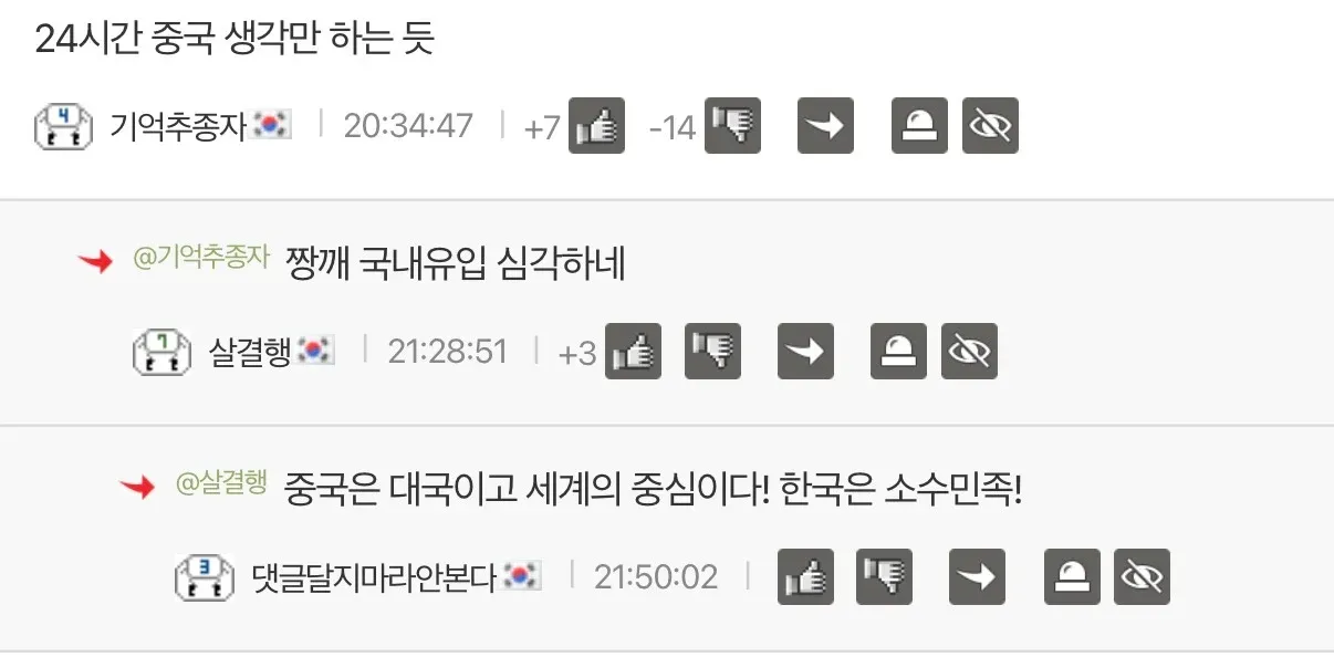 일간베스트 커뮤니티의 중국 관련 부적절한 댓글 스크린샷