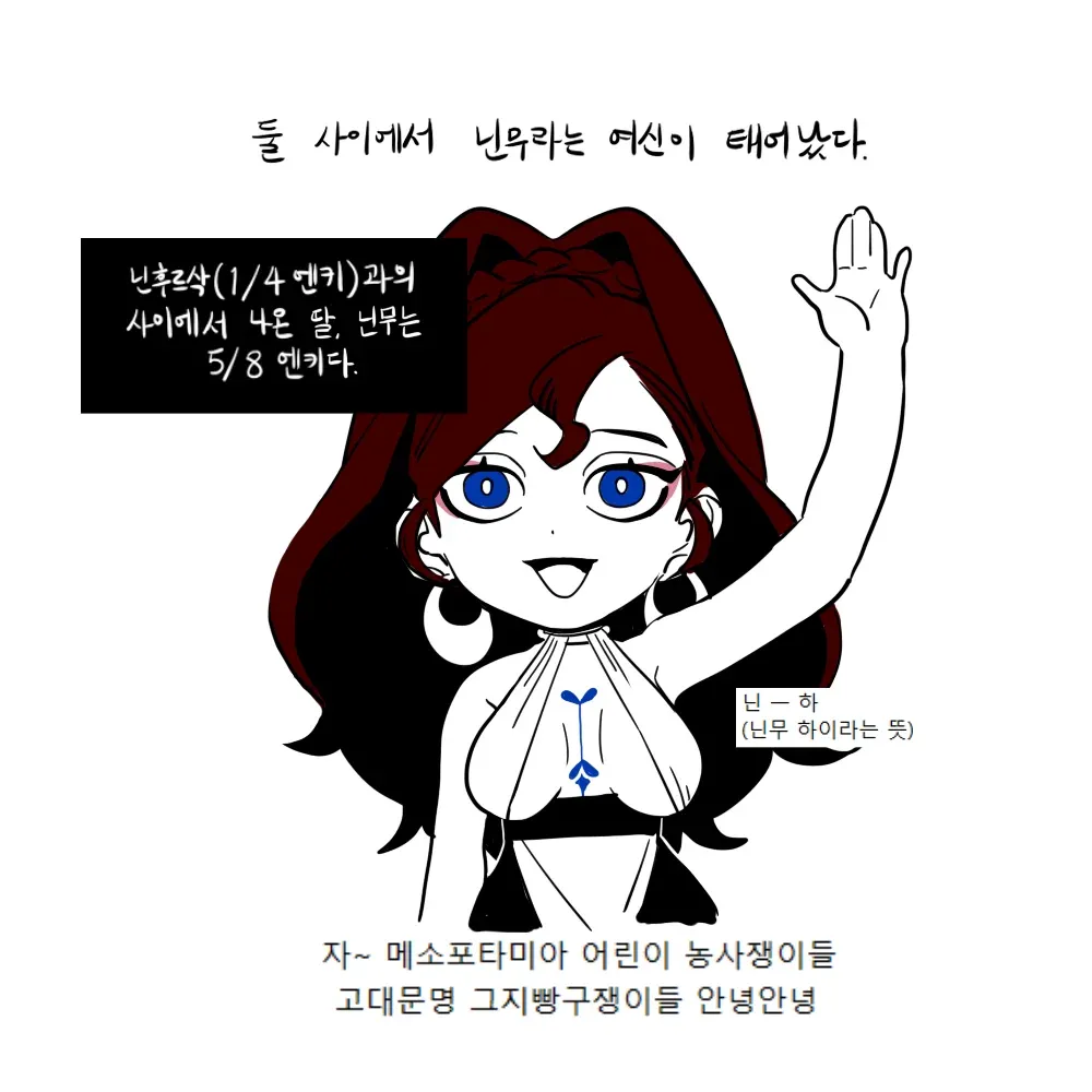 수메르 신화 만화: 여신 님무와 엔키의 혈통 관계를 나타낸 장면