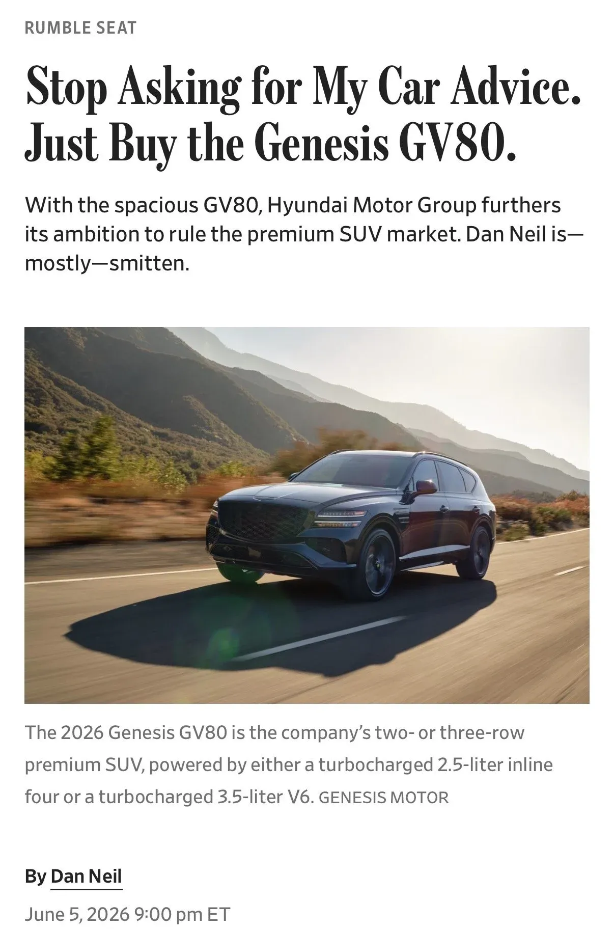 Genesis GV80 프리미엄 SUV 리뷰 기사(WSJ Rumble Seat)