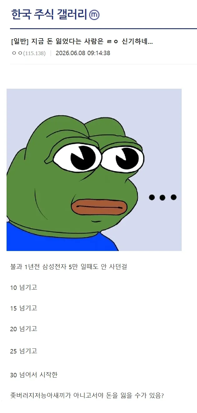 한국 주식 갤러리: 삼성전자 주가 상승 후 손실 발생 관련 게시글