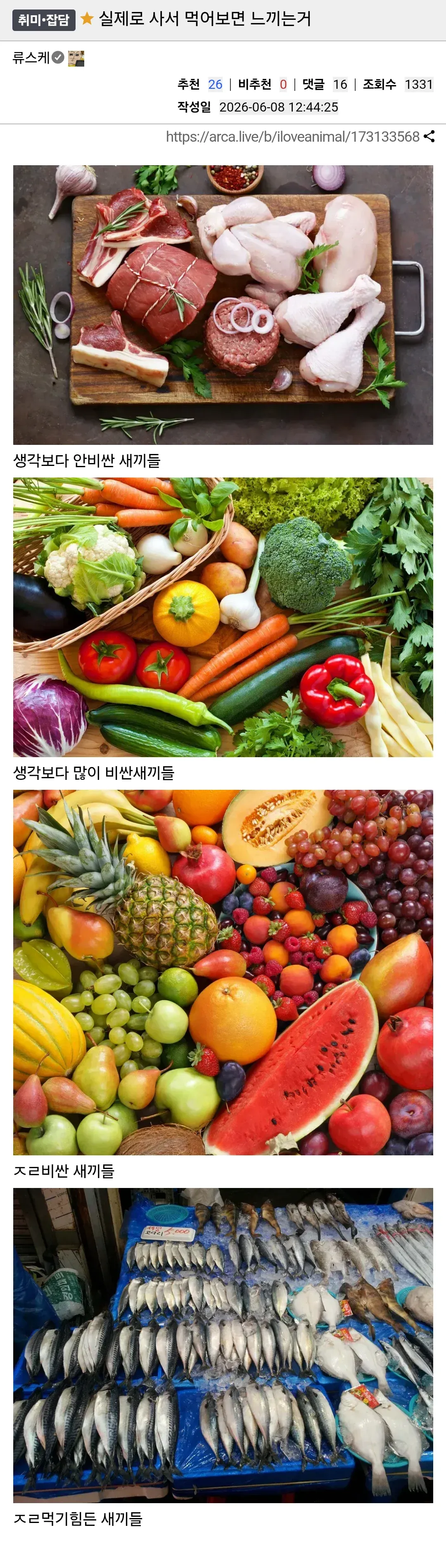 신선한 재료(육류, 채소, 과일, 생선)의 섭취량과 칼로리 정보를 정리한 식단표