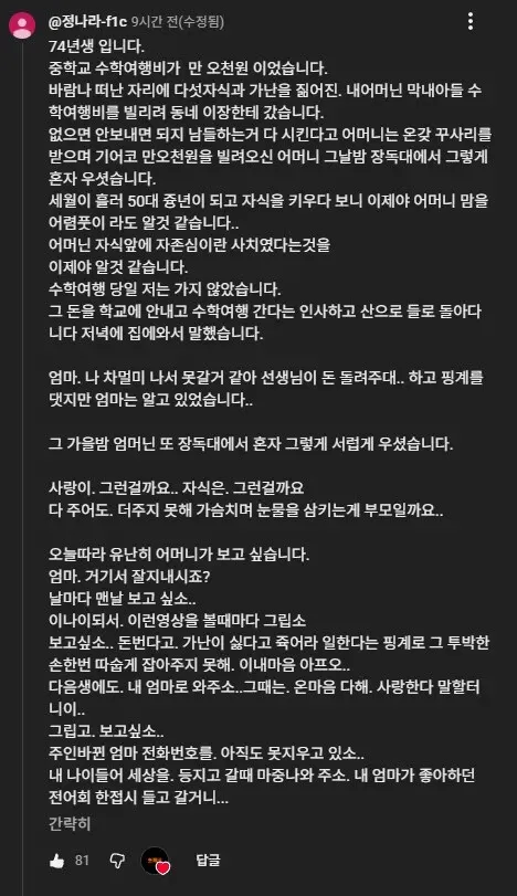 어머니의 자존심을 포기한 희생을 이제야 깨닫는 50대의 회상 댓글