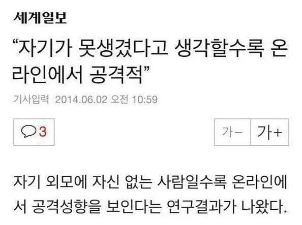 자기 외모에 불안감 있는 사람일수록 온라인에서 공격적인 경향을 보인다는 연구 결과