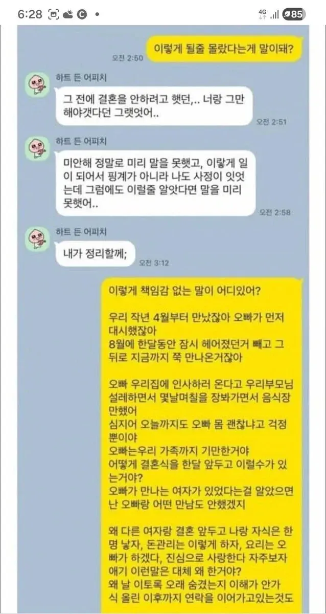 결혼식 앞두고 남친의 배신을 고발하는 카톡 메시지