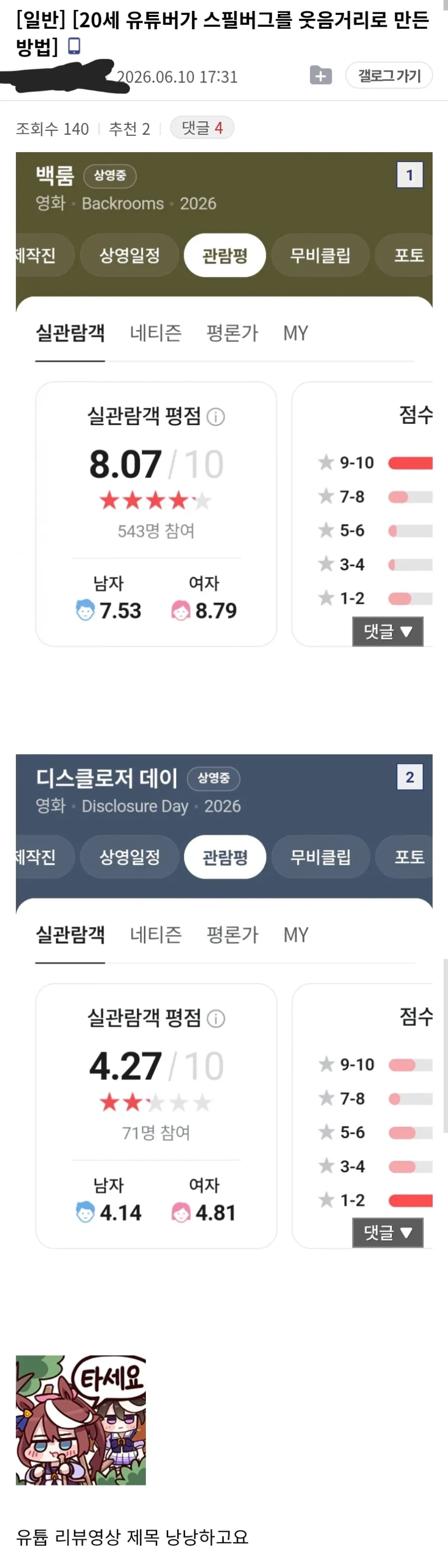 영화 평점 페이지 - 백룸(8.07점)과 디스클로저 데이(4.27점) 관람평