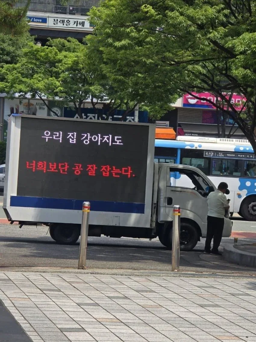 롯데 트럭 시위 현장에서 도로에 누워 잠자는 강아지