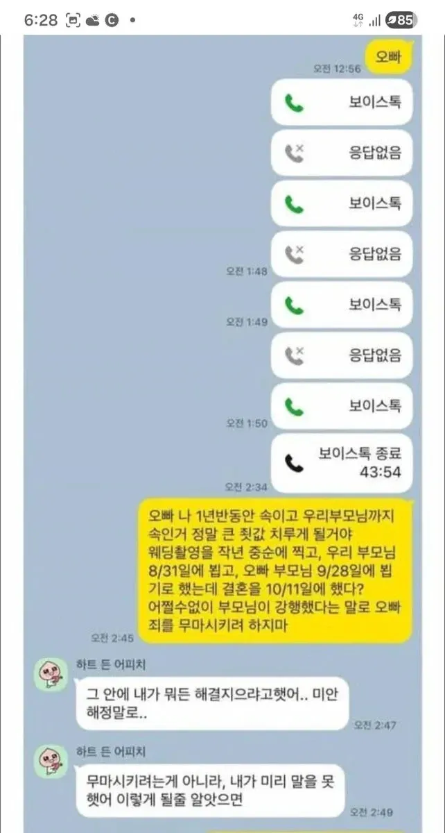음성 메시지 스크린샷 - 결혼 관련 가족 대화 기록