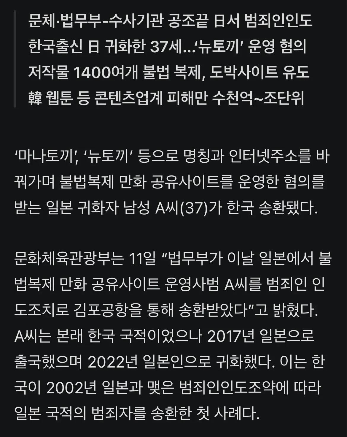 불법복제 만화 사이트 '뉴토끼' 운영 혐의 A씨 한국 송환 뉴스
