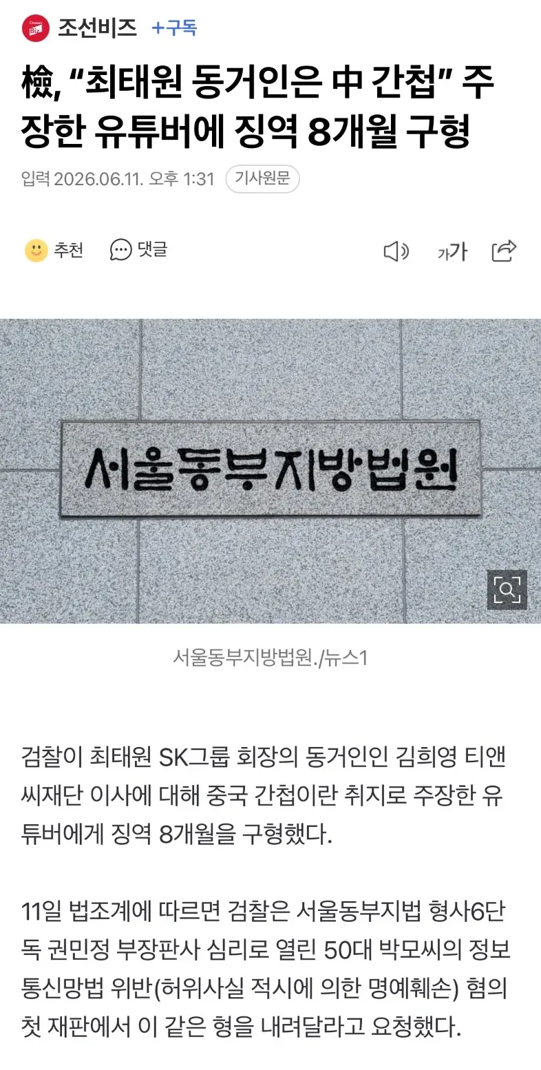 최태원 동거인 간첩 주장 유튜버 징역 8개월 구형 기사