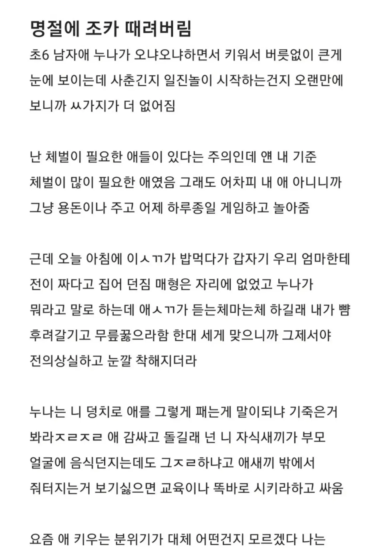 명절에 조카의 무례한 행동으로 일어난 양육관 갈등