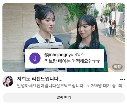 유튜브 댓글: 연습생 리브&메이 등판 여부를 묻는 댓글 스크린샷