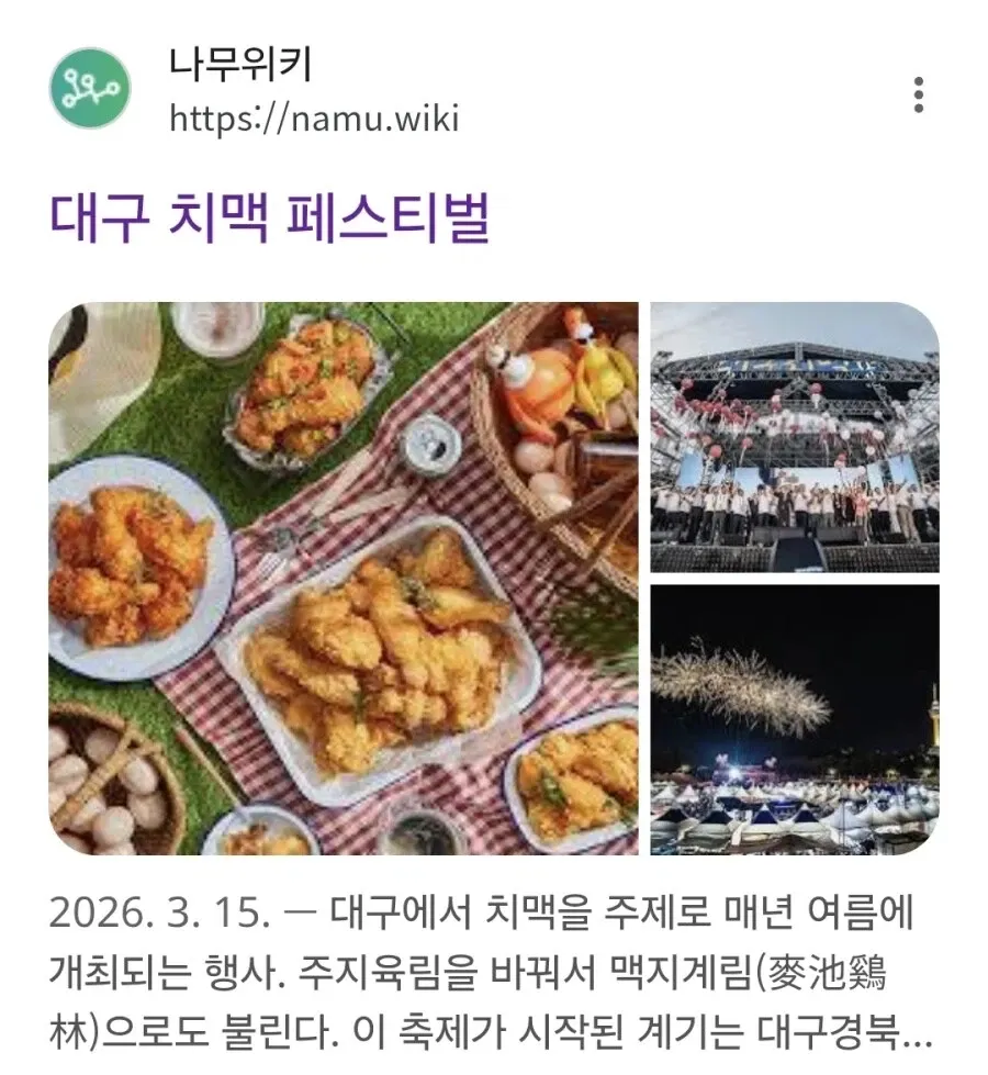 대구 치맥 페스티벌 나무위키 페이지 소개 화면