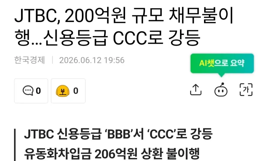 JTBC 신용등급 BBB에서 CCC로 강등, 200억원 채무 상환 연기