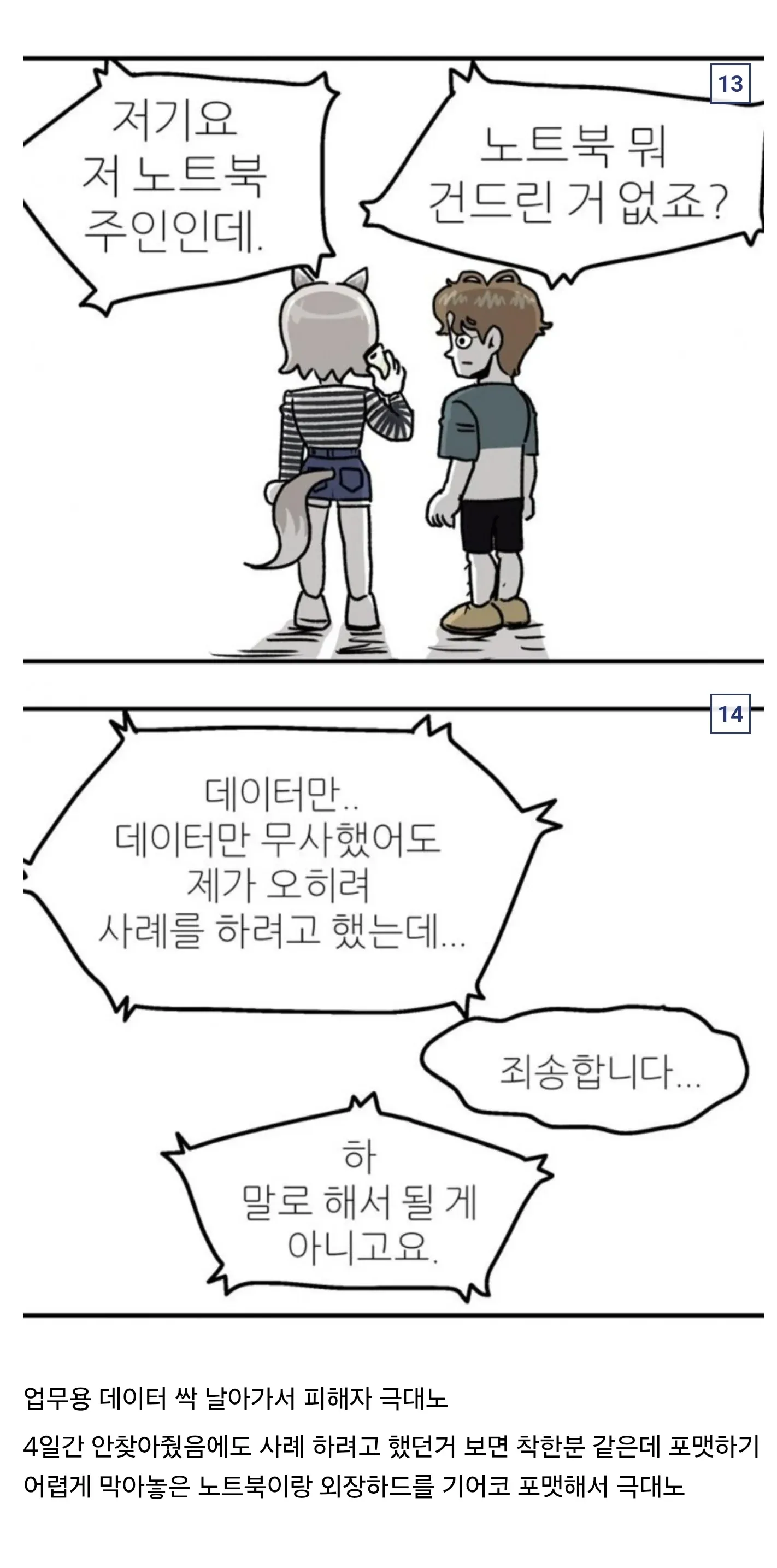 노트북 포맷으로 업무 데이터 손실된 피해 상황의 웹툰