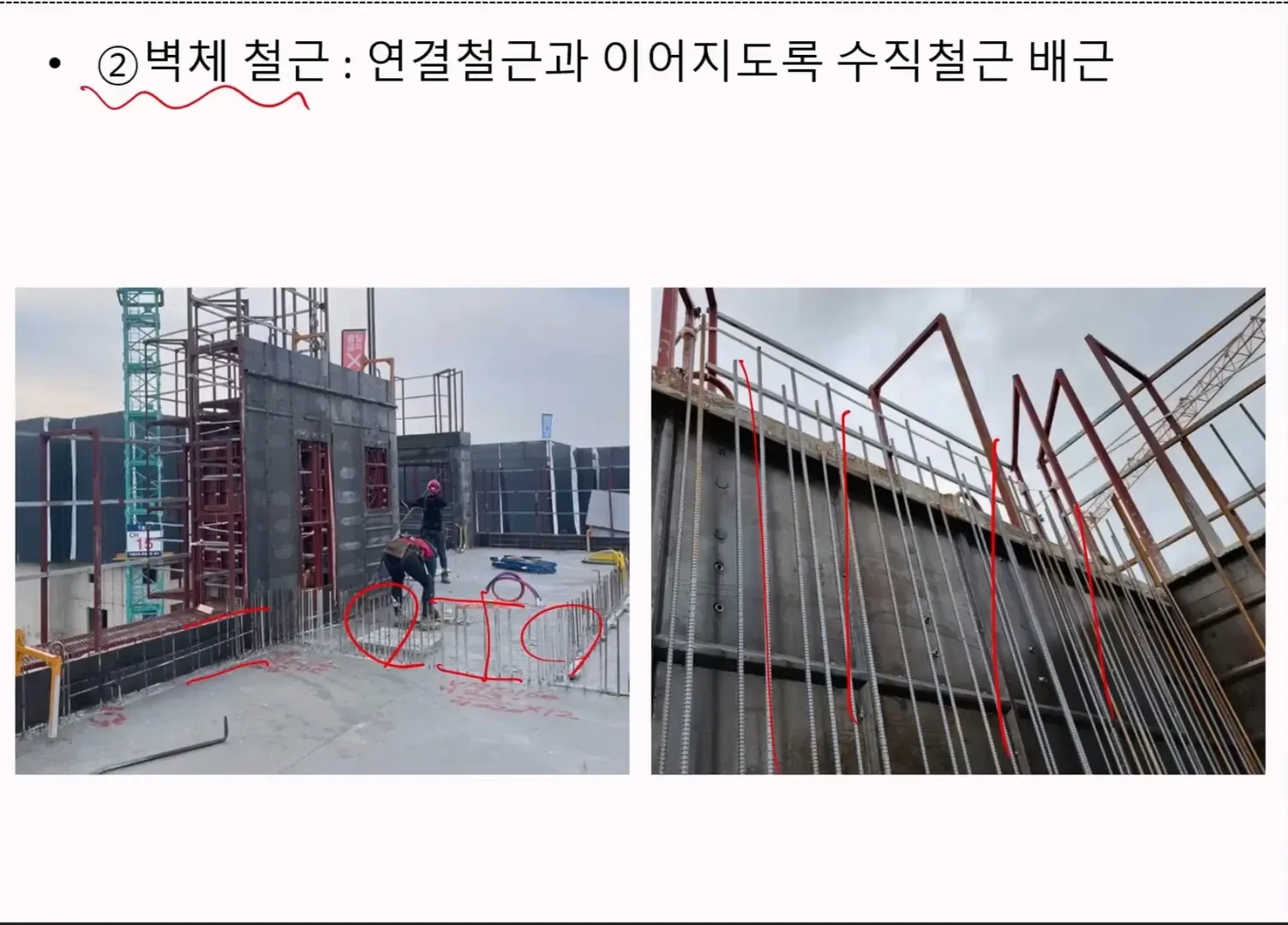 벽체 수직철근과 연결철근 배근 상세도