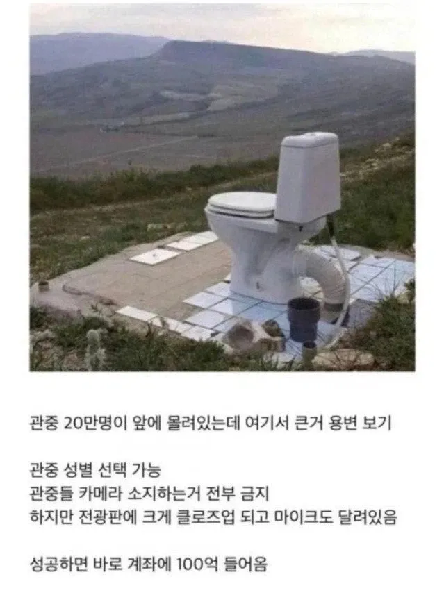 100억원을 받고 20만 관중 앞에서 화장실을 가는가 하는 선택지를 다루는 밈