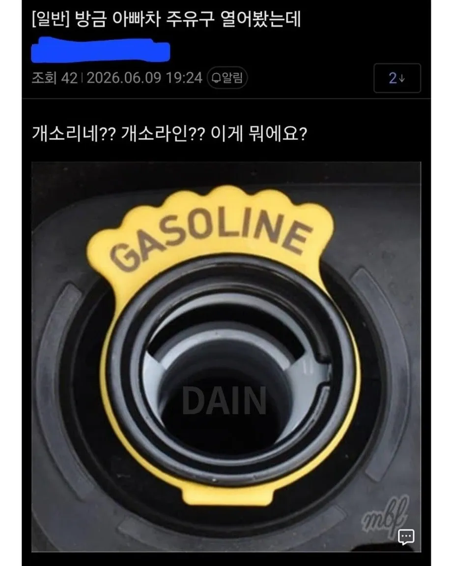 자동차 주유구 덮개에 표시된 GASOLINE과 DAIN 텍스트