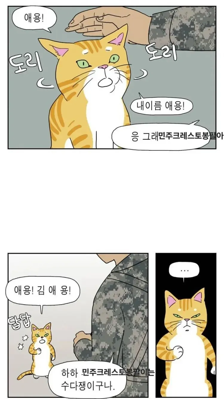 애옹하는 고양이 민주크레스토봉글과 대화하는 캐릭터들의 만화 장면