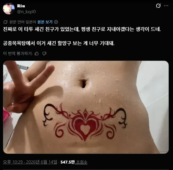 친구의 신체 문신으로 평생친구가 되어야 한다는 유머 게시물