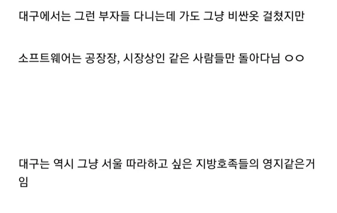 대구와 수성구의 계층차를 비판하는 온라인 댓글 스크린샷