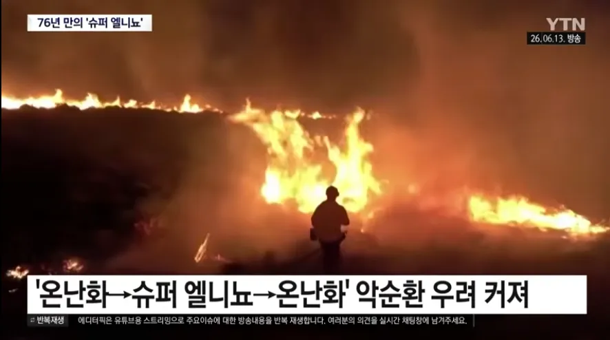 76년 만의 슈퍼 엘니뇨와 온난화 악순환 우려를 다룬 YTN 뉴스 화면