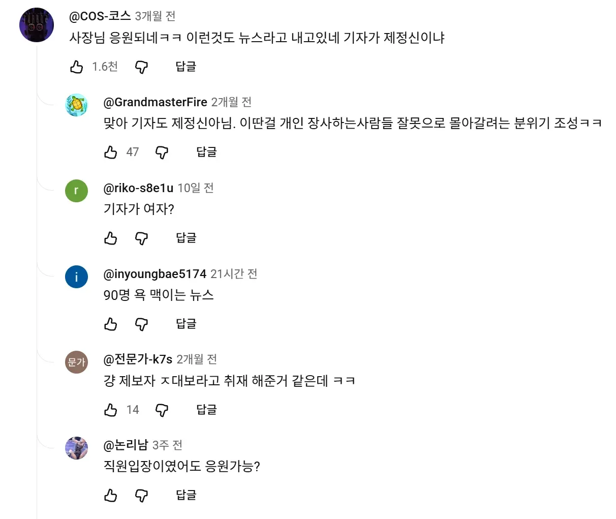 육아휴직 뉴스 관련 댓글 스크린샷, 사장님 옹호와 기자 비판 의견 모음