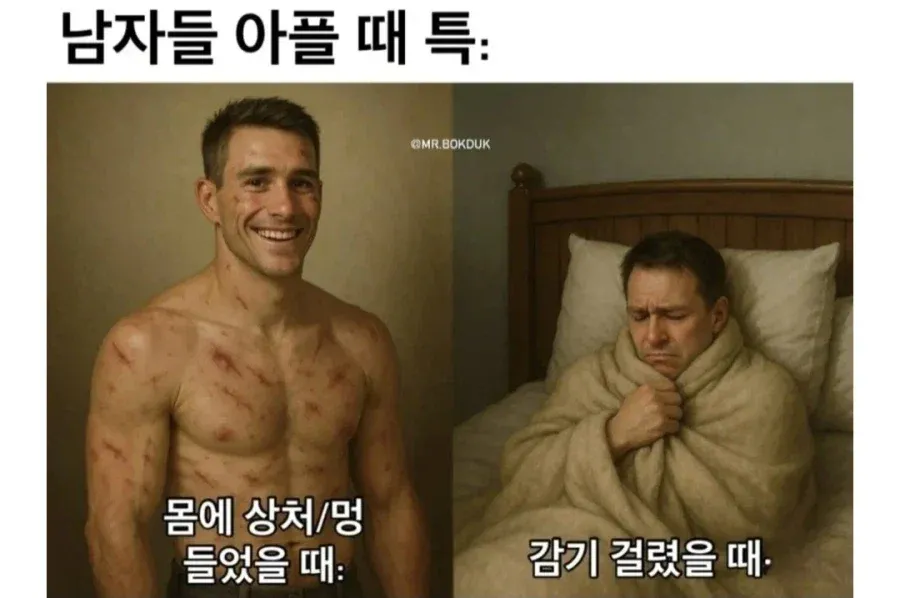 한국 남자들이 상처와 감기를 무시하는 문화를 표현한 밈 이미지